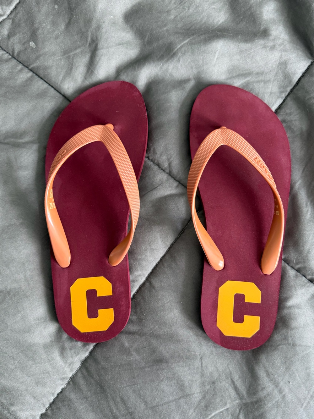 Coach Maroon Flip Flops with Yellow 'Coach' logo and Peach Straps